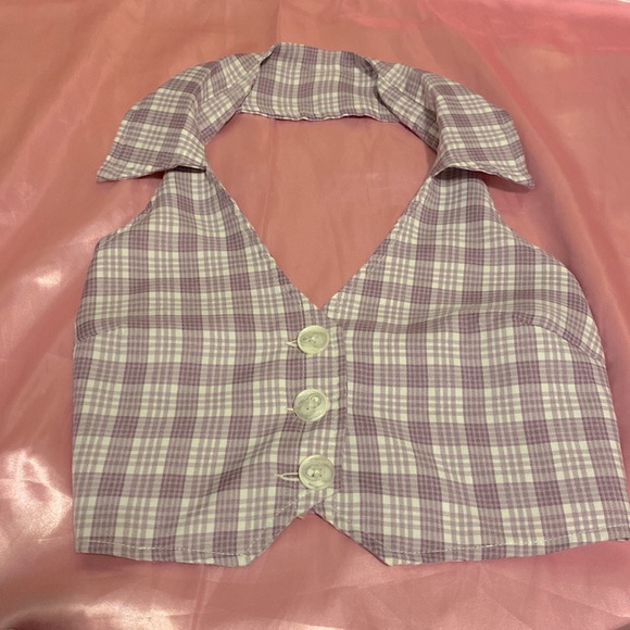 Y2K Purple Plaid ButtonUp Collared Halter Top w/Matching Skirt - Picture 2 of 6